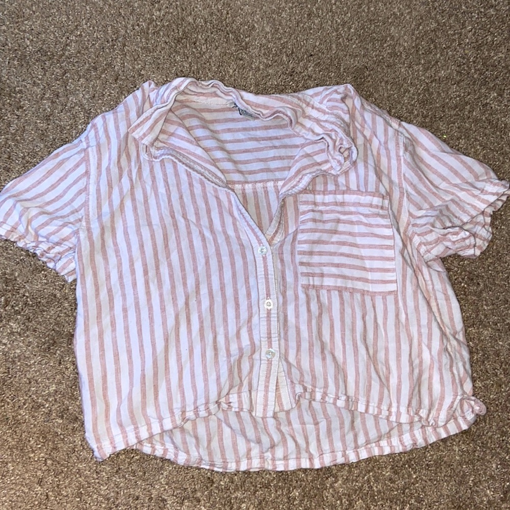 Forever 21 Cropped Stripped Button Up Tee Shirt